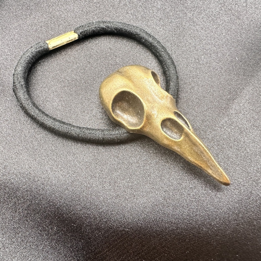 Vintage Y2K Bronze Tone Crow Skull Up Elastic Hair Band Halloween Hair Accessory - Picture 8 of 10